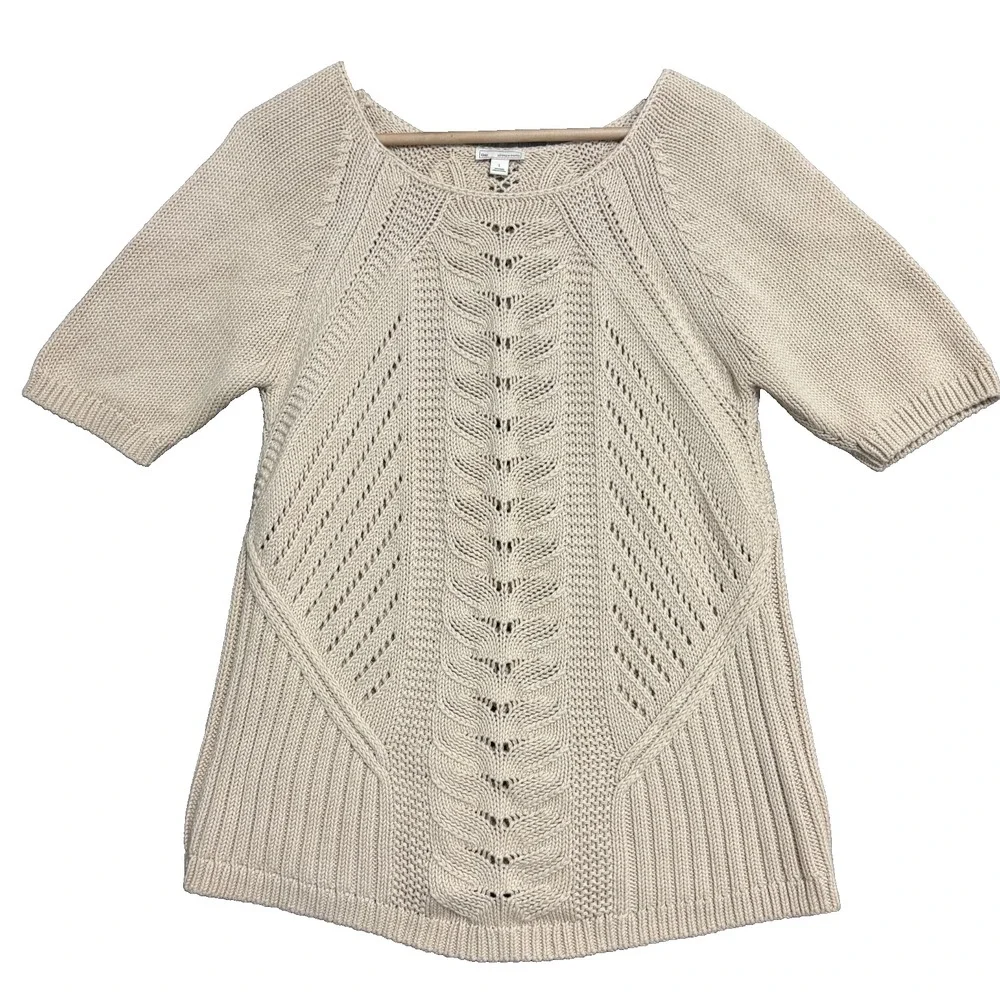 Gap Mix-Cable Sweater Womens L Beige‎ Short Sleeve Pointelle Knit Boho Cottage